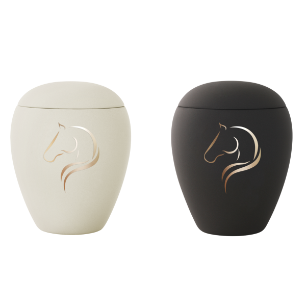 Keramikurne, goldenes Pferdemotiv
