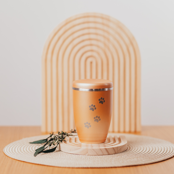 Kupferurne mit silbernen Pfötchen