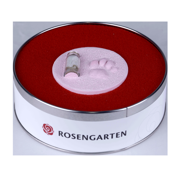 Pfotenabdruck aus Gips mit Fell in Metalldose, rosa