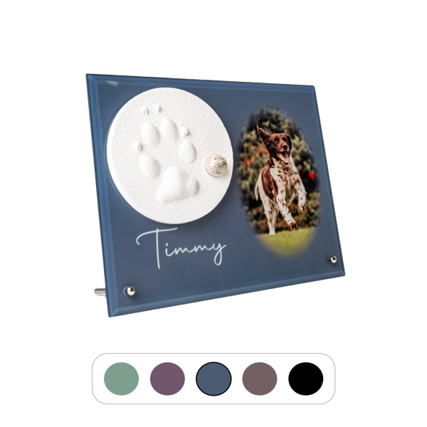 Pfotenabdruck aus Gips mit Asche auf Glasplatte inkl. Foto