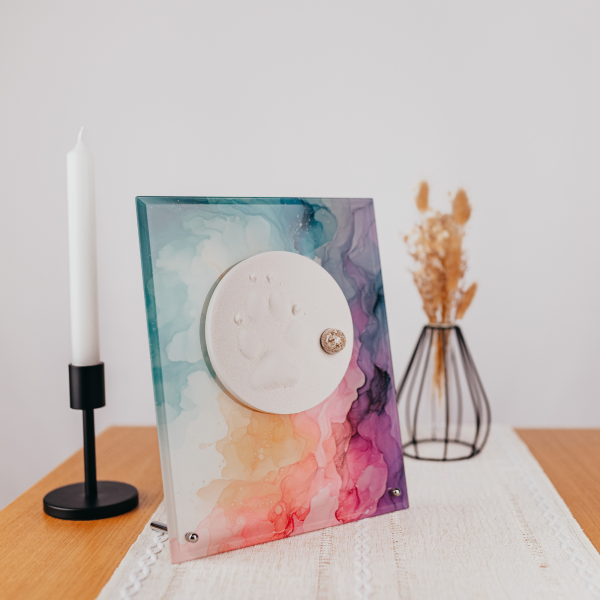 Pfotenabdruck mit Asche auf Glasplatte inkl. Bedruckung und Beschriftung