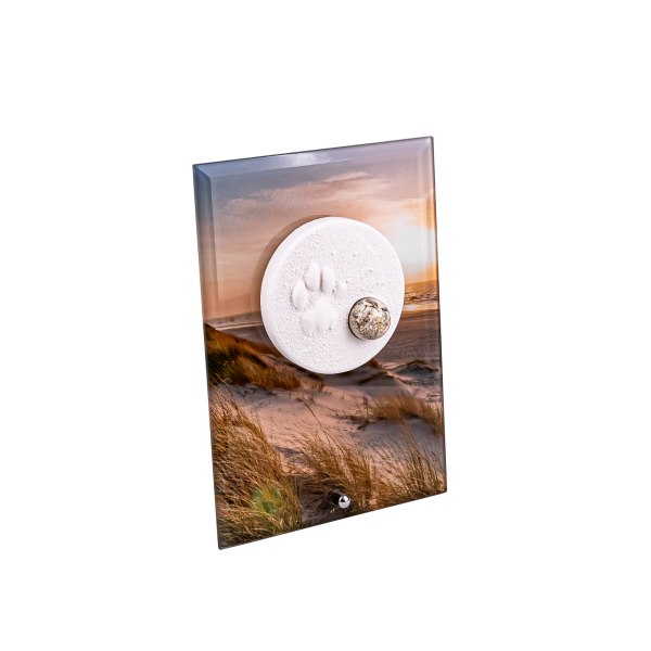 Pfotenabdruck mit Asche auf Glasplatte inkl. Bedruckung und Beschriftung