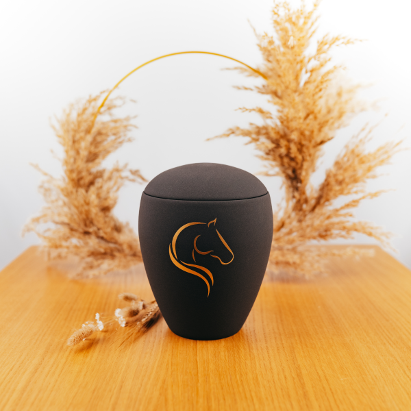 Keramikurne, goldenes Pferdemotiv