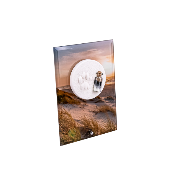 Pfotenabdruck mit Fell auf Glasplatte inkl. Bedruckung und Beschriftung