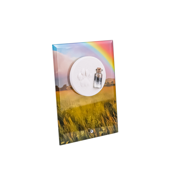 Pfotenabdruck mit Fell auf Glasplatte inkl. Bedruckung und Beschriftung