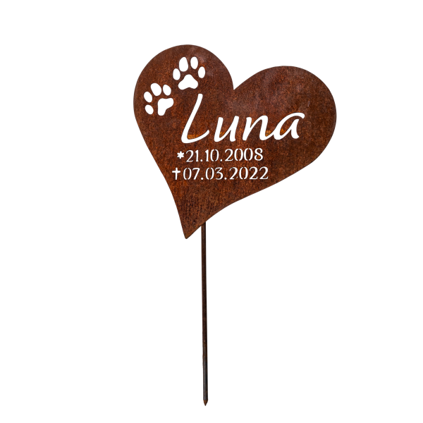 Edelrost-Steckschild, Herz mit zwei Pfoten inkl. Namen