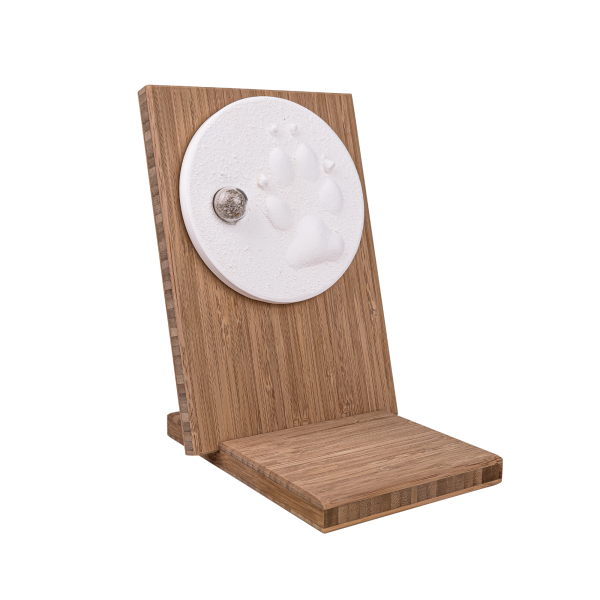 Pfotenabdruck aus Gips mit Asche auf Holztafel