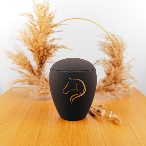 Keramikurne, goldenes Pferdemotiv