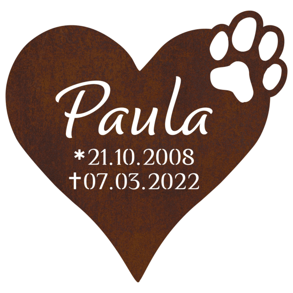 Edelrost-Steckschild, Herz mit Pfote inkl. Namen