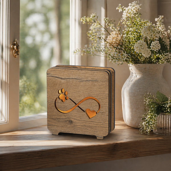 Holzurne Remember mit stimmungsvollem LED-Licht