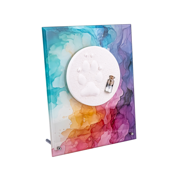 Pfotenabdruck mit Fell auf Glasplatte inkl. Bedruckung und Beschriftung