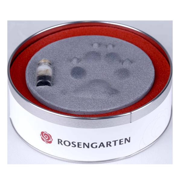 Pfotenabdruck aus Gips mit Fell in Metalldose, schwarz