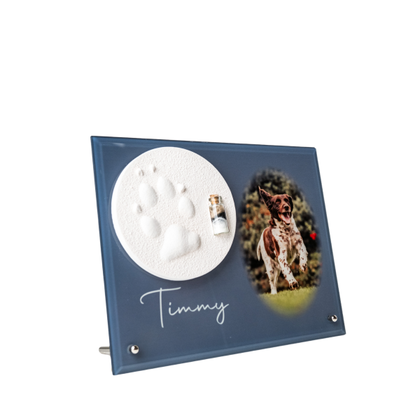 Pfotenabdruck aus Gips mit Fell auf Glasplatte inkl. Foto