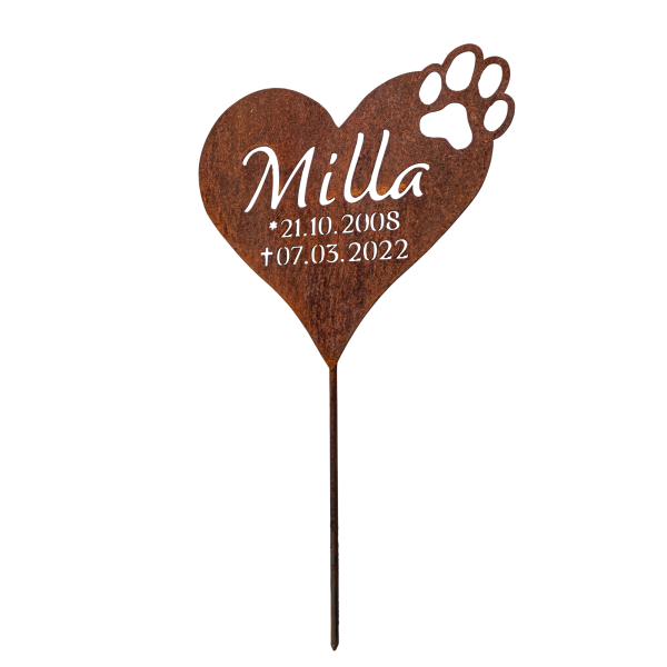 Edelrost-Steckschild, Herz mit Pfote inkl. Namen