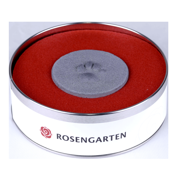 Pfotenabdruck aus Gips in Metalldose, schwarz