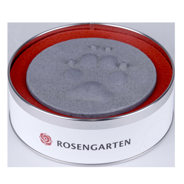 Pfotenabdruck aus Gips in Metalldose, schwarz