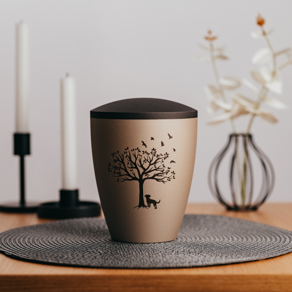 Naturstoffurne Natura, Hund unter Baum