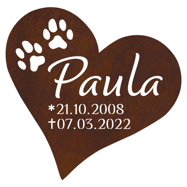 Edelrost-Steckschild, Herz mit zwei Pfoten inkl. Namen