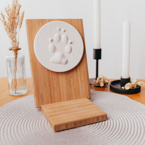 Pfotenabdruck aus Gips auf Holztafel