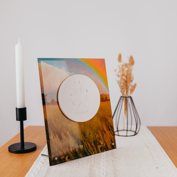 Pfotenabdruck auf Glasplatte inkl. Bedruckung und Beschriftung