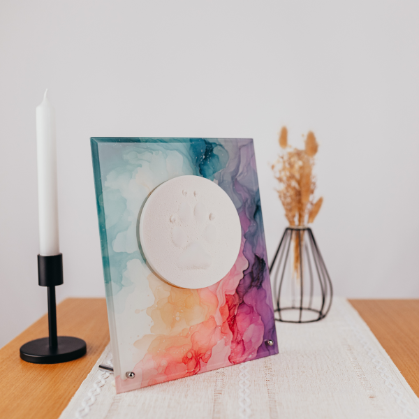 Pfotenabdruck auf Glasplatte inkl. Bedruckung und Beschriftung