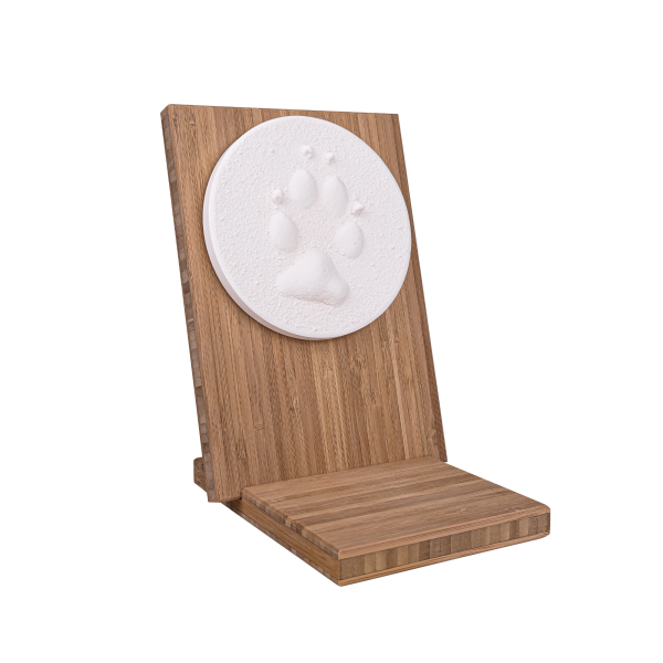 Pfotenabdruck aus Gips auf Holztafel