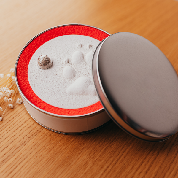 Pfotenabdruck aus Gips mit Asche in Metalldose